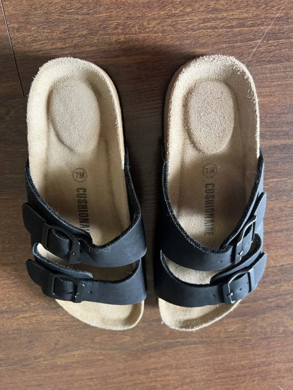 Cushionaire Black Double Buckle Slide Sandals Cork Footbed Womens Size 7